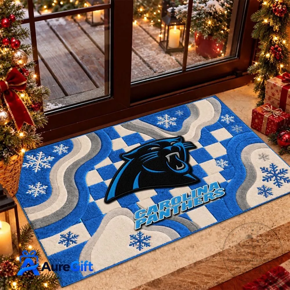 Carolina Panthers NFL Christmas Snowflakes Checkered Doormat