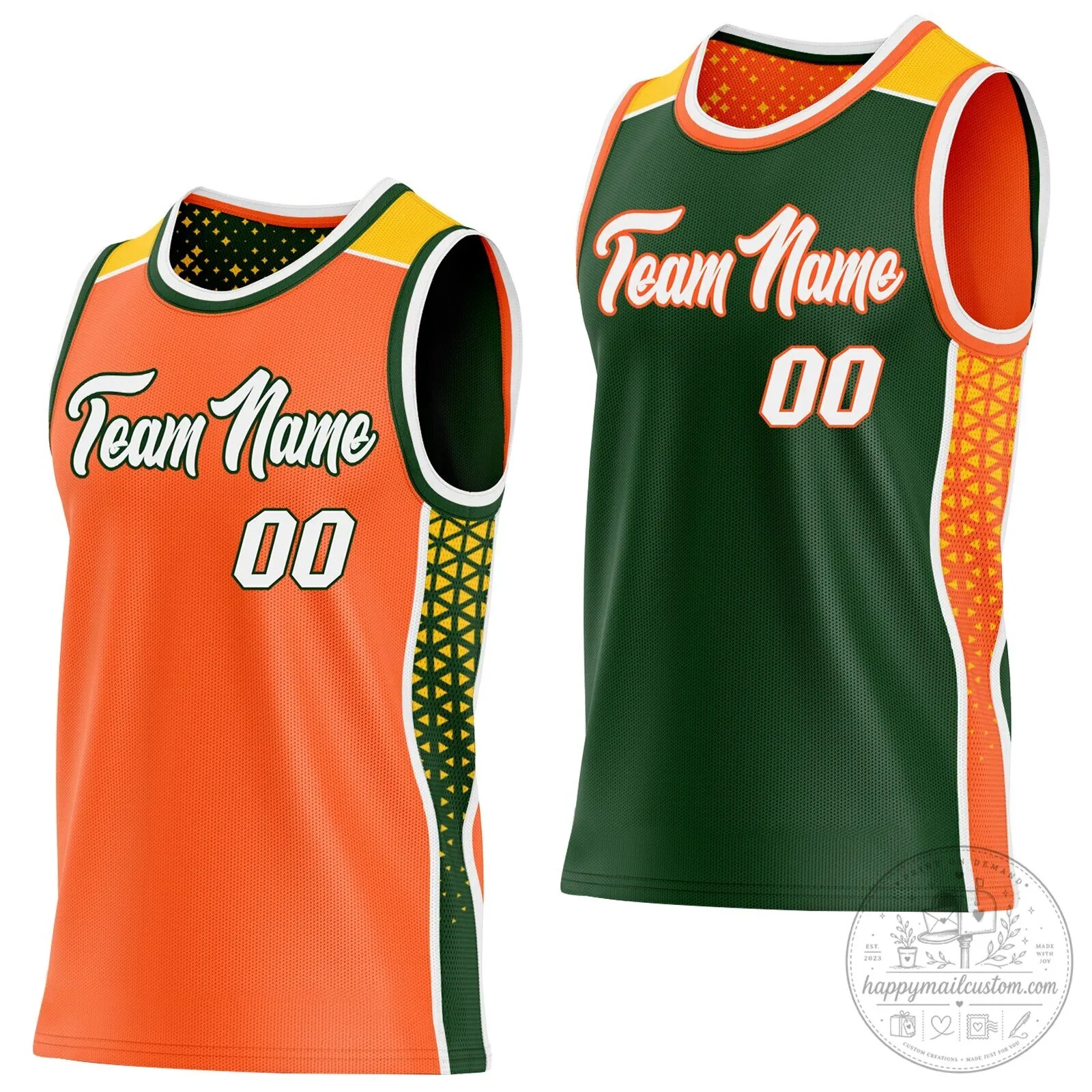 Custom Orange White Green Gold Side Panel Stripe Geometric Triangle Gradient Dot Reversible Basketball Jersey 1 Custom Orange White Green Gold Side Panel Stripe Geometric Triangle Gradient Dot Reversible Basketball Jersey