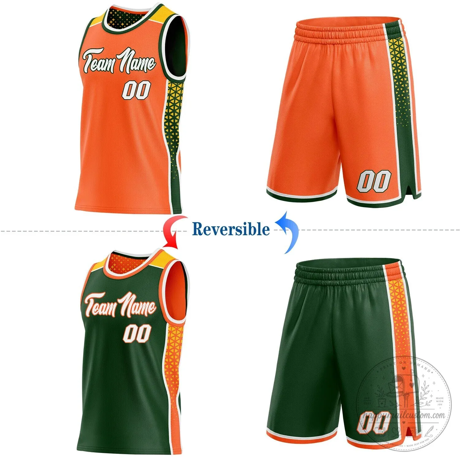 Custom Orange White Green Gold Side Panel Stripe Geometric Triangle Gradient Dot Reversible Basketball Jersey 12 Custom Orange White Green Gold Side Panel Stripe Geometric Triangle Gradient Dot Reversible Basketball Jersey