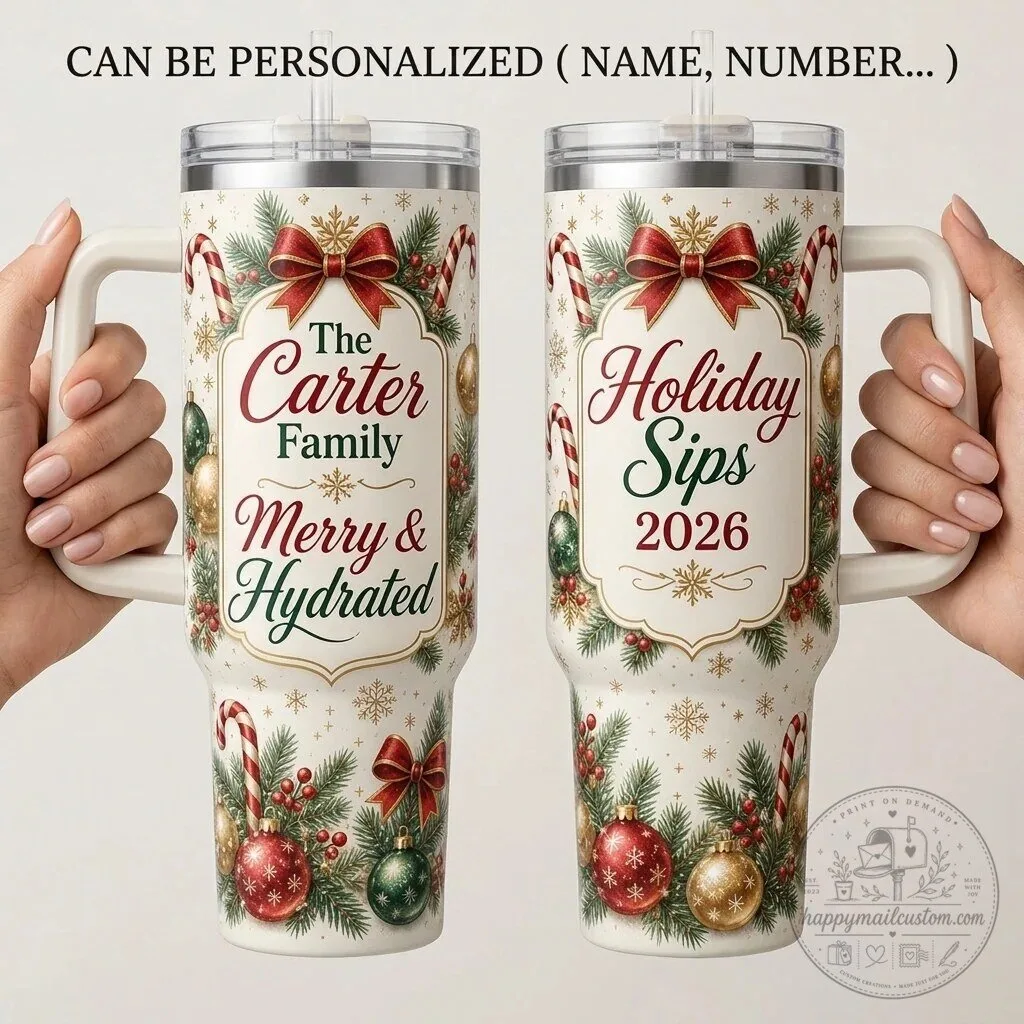 Personalized Christmas Family Name Holiday Sips 2026 Insulated Travel Tumbler