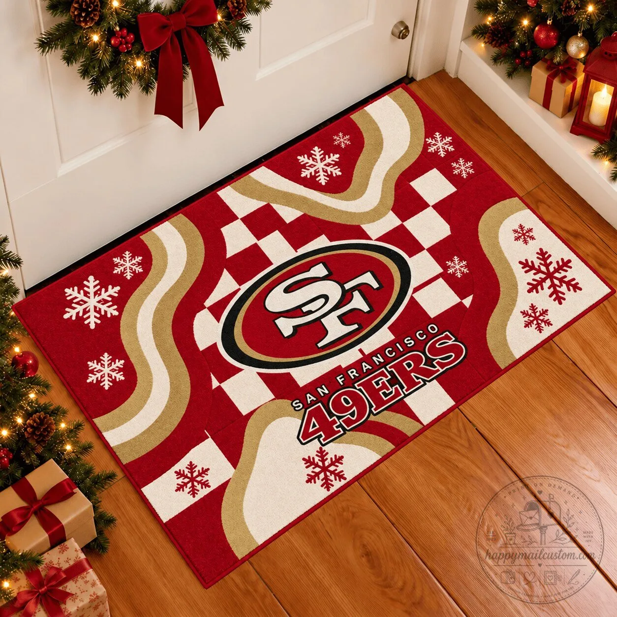 San Francisco 49ers Christmas Holiday Snowflakes Doormat