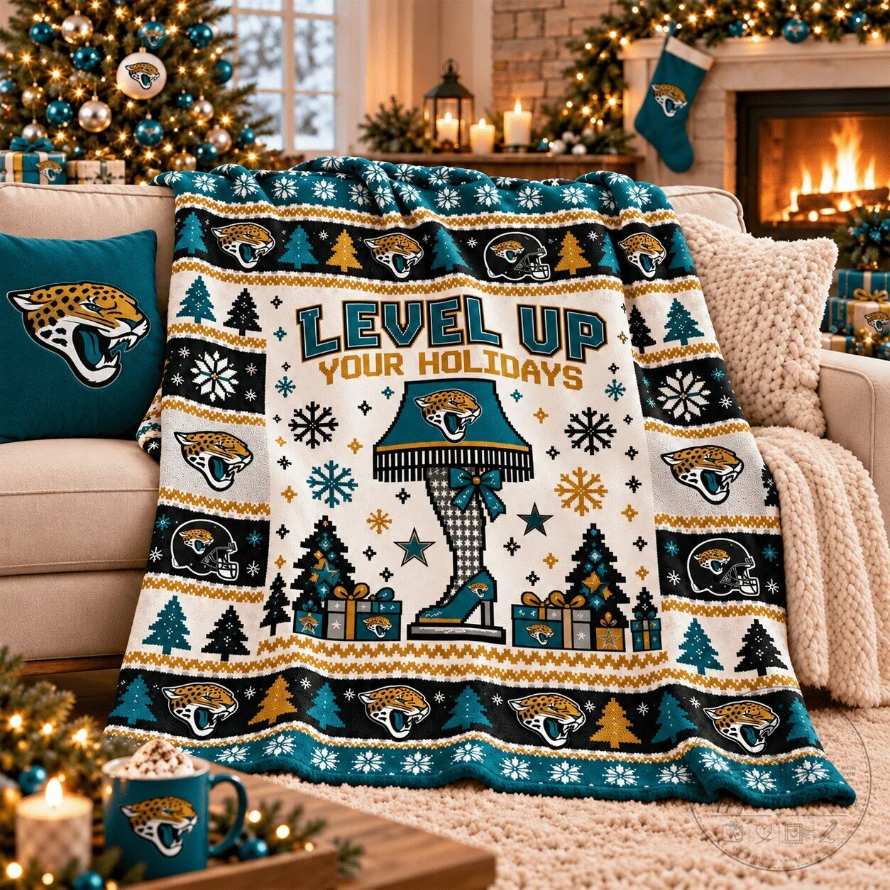 Jacksonville Jaguars Christmas Holiday Level Up Your Holidays Fleece Blanket