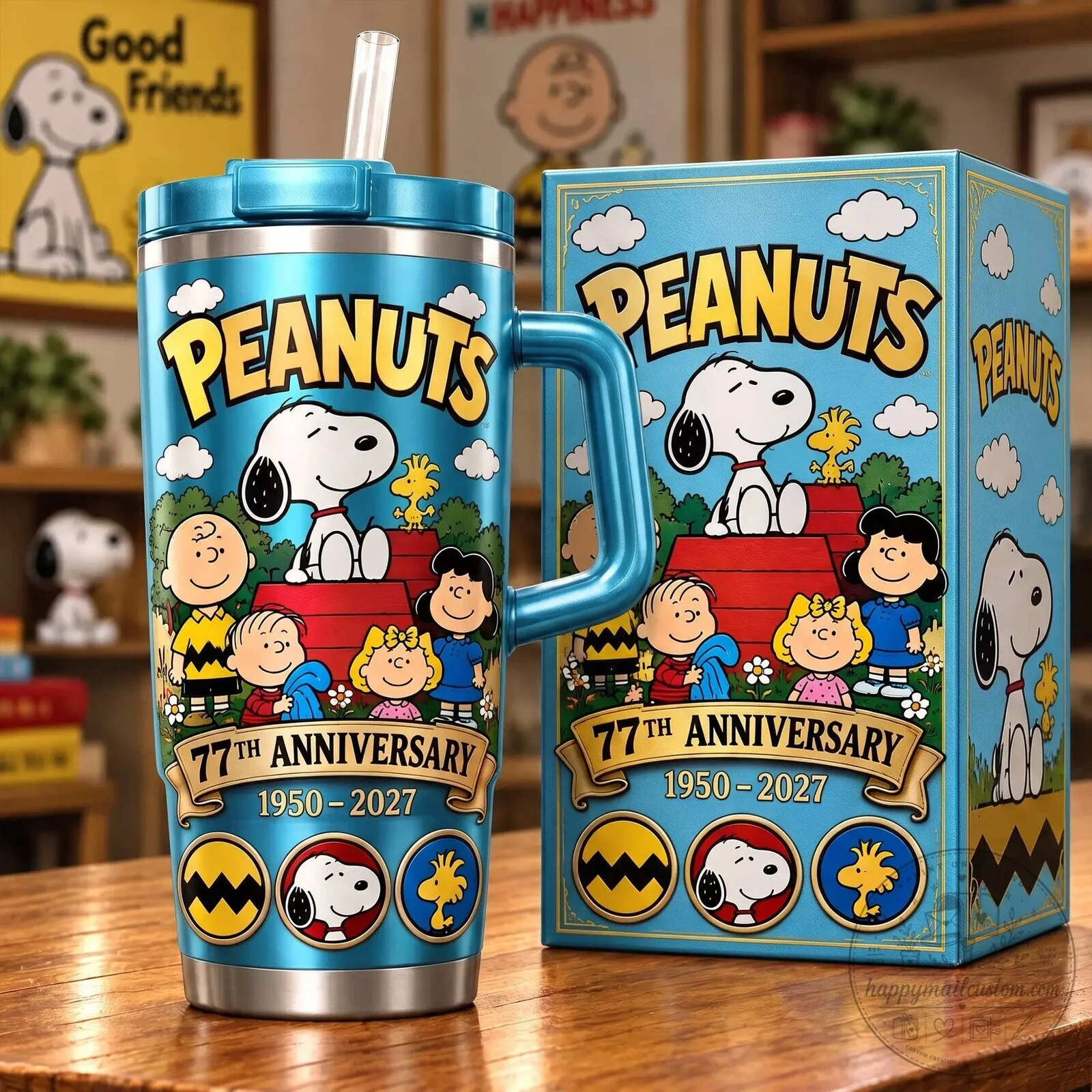 Insulated Tumbler with Handle for 77th Anniversary of Peanuts Snoopy and Friends