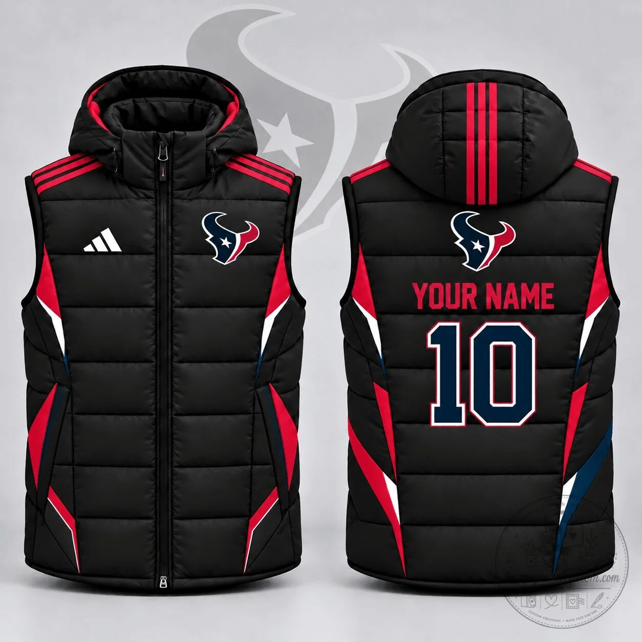 Houston Texans Custom Name Number Athletic Stripe Hooded Puffer Vest