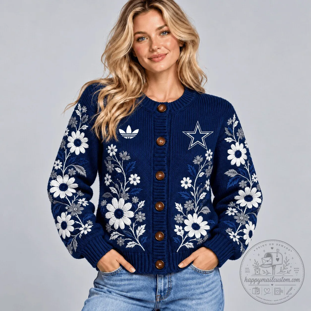 Dallas Cowboys NFL Floral Daisy Blossom Embroidered Knit Cardigan Sweater