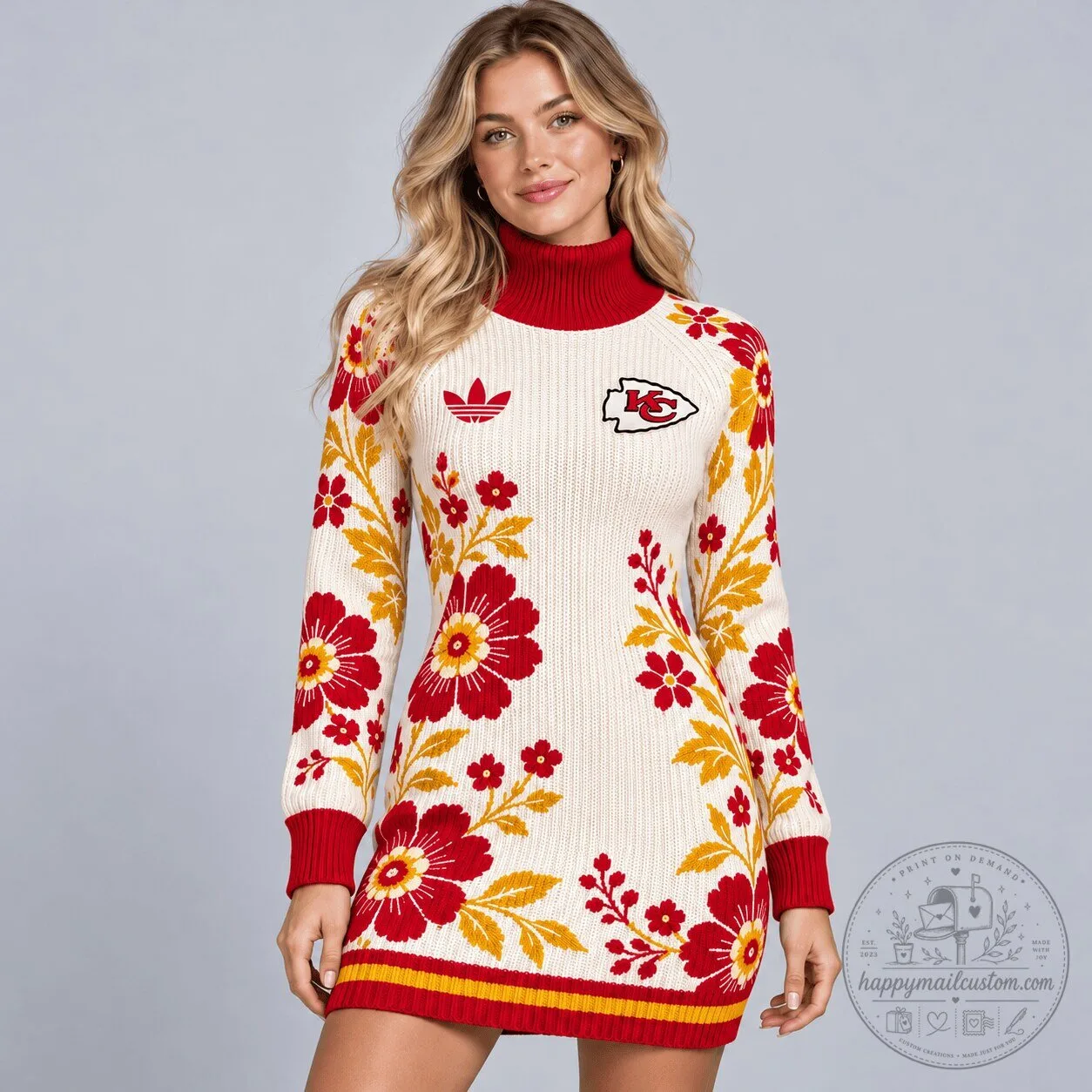 Kansas City Chiefs Floral Jacquard Turtleneck Long Sleeve Knit Sweater Dress