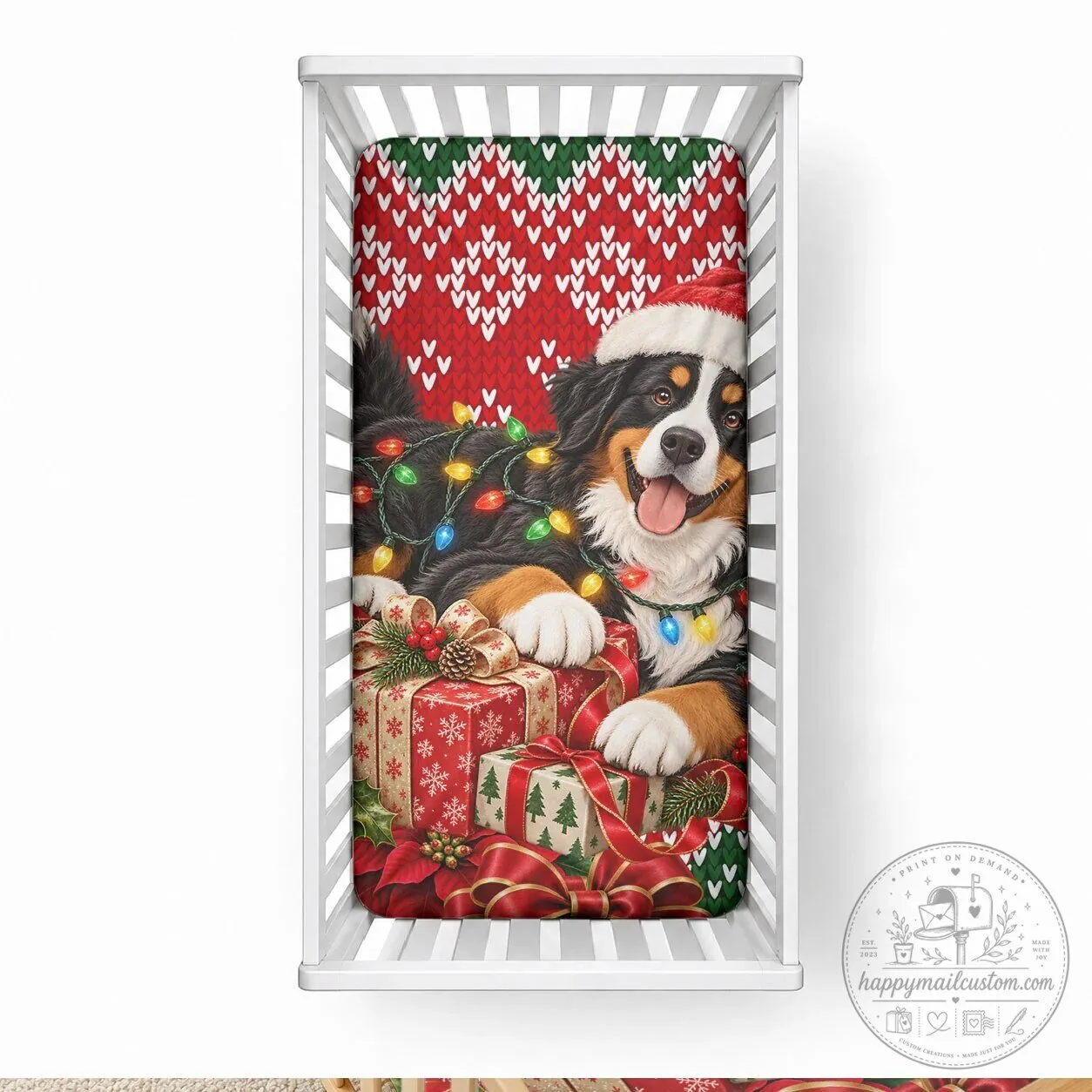 Bernese Mountain Dog Christmas Crib Sheet with Santa Hat and Festive Lights