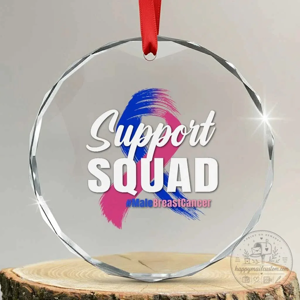 Male Breast Cancer Awareness Support Squad Blue Pink Ribbon Crystal Ornament