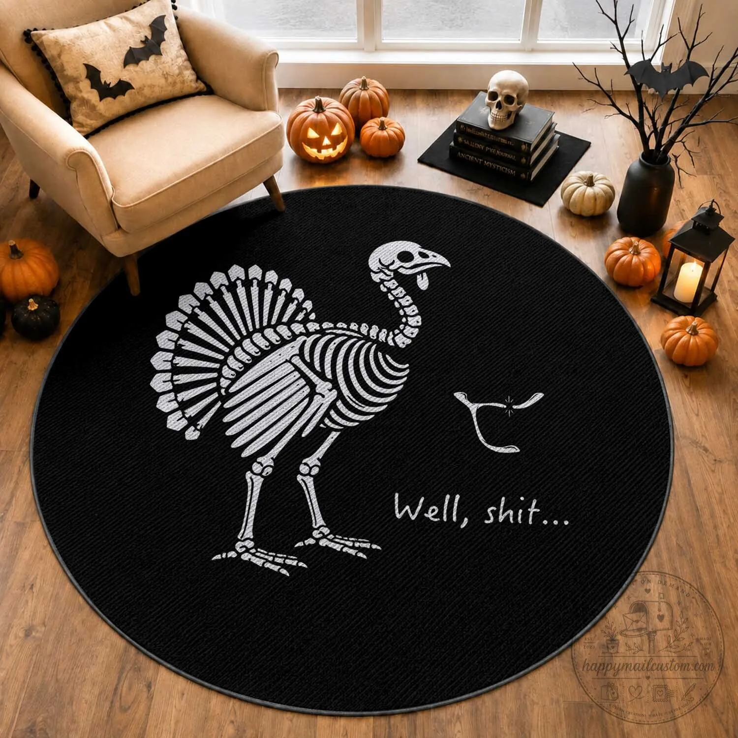 Funny Thanksgiving Turkey Skeleton Wishbone Round Rug