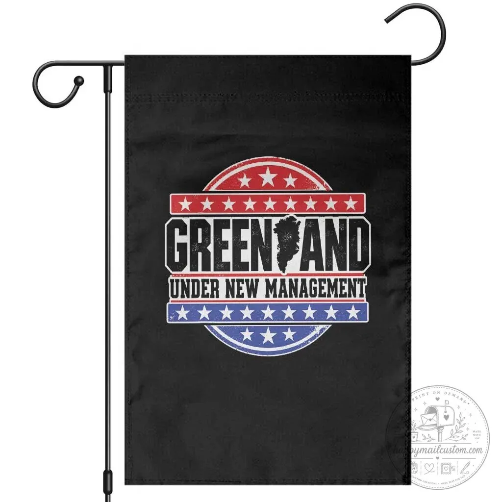 Greenland Under New Management Map Badge Patriotic Red White and Blue Stars Garden Flag