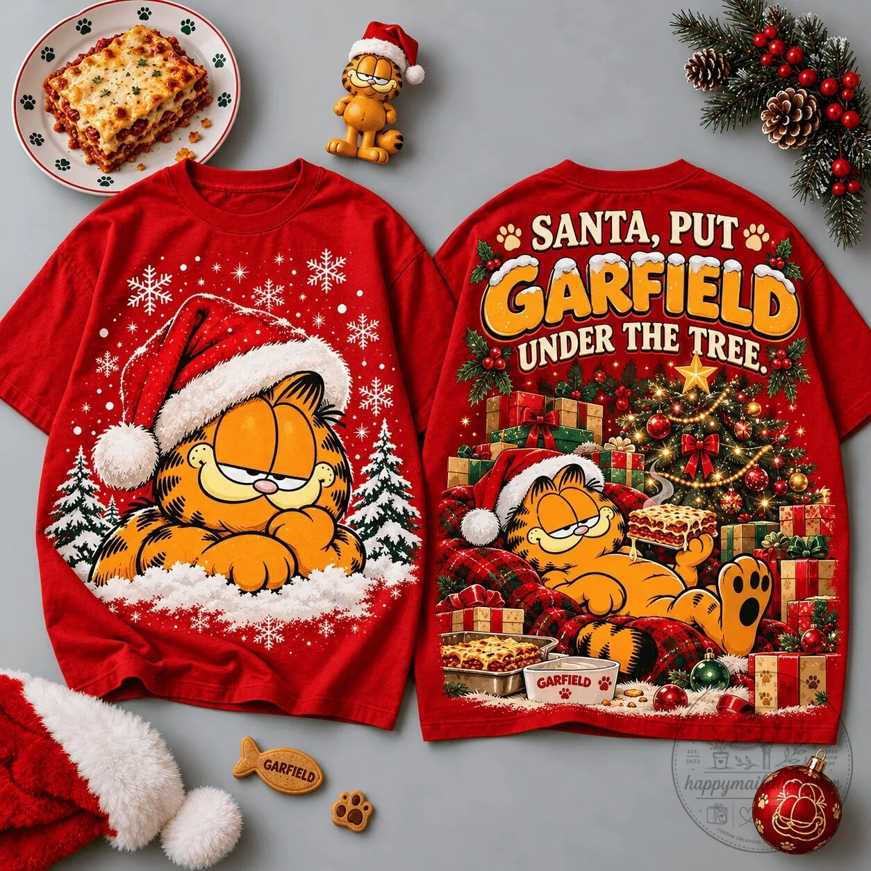 Garfield Sleeping Santa Hat Christmas Tree Scene Holiday Red T-Shirt
