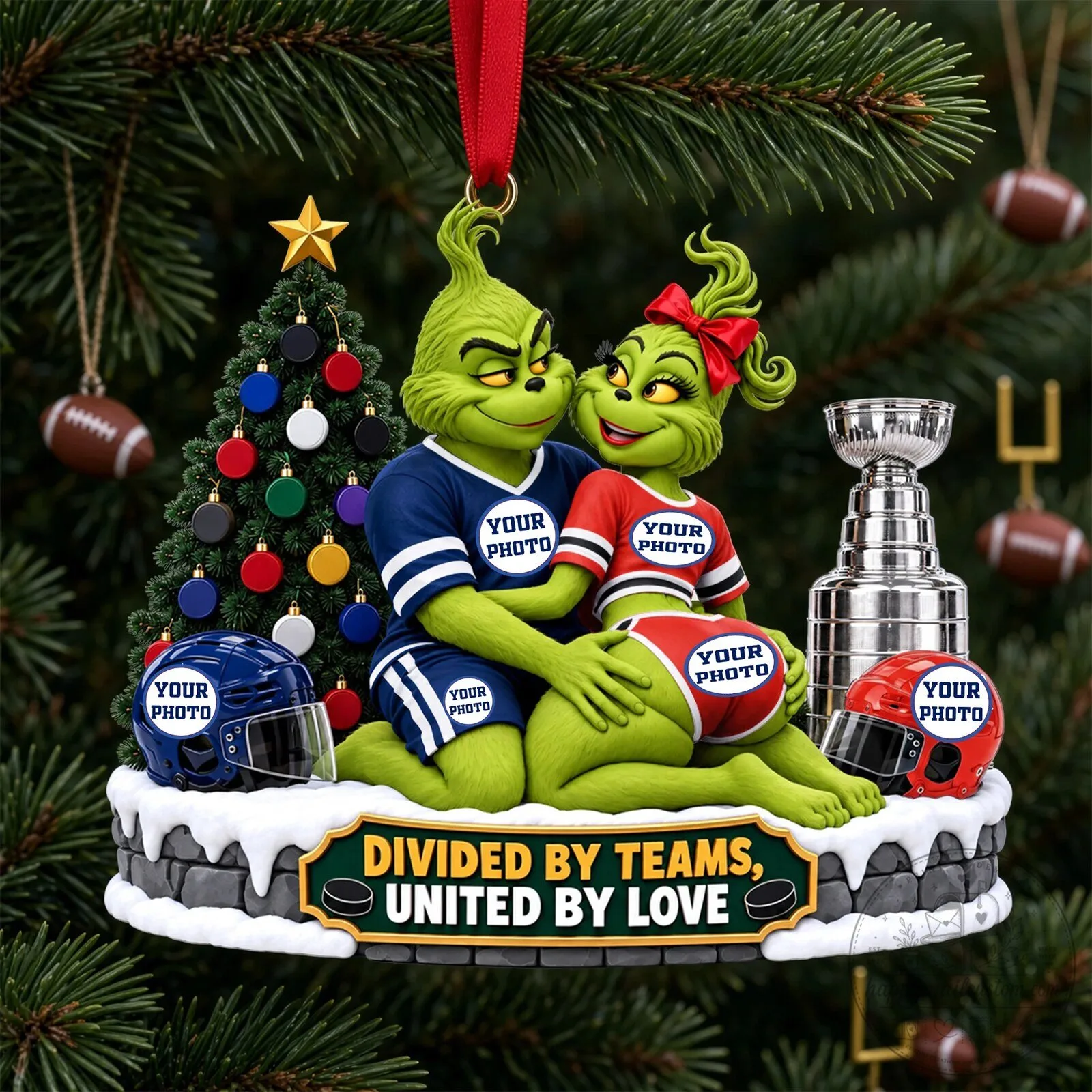 Grinch and Girlfriend Divided by Teams United by Love Personalized Christmas Ornament