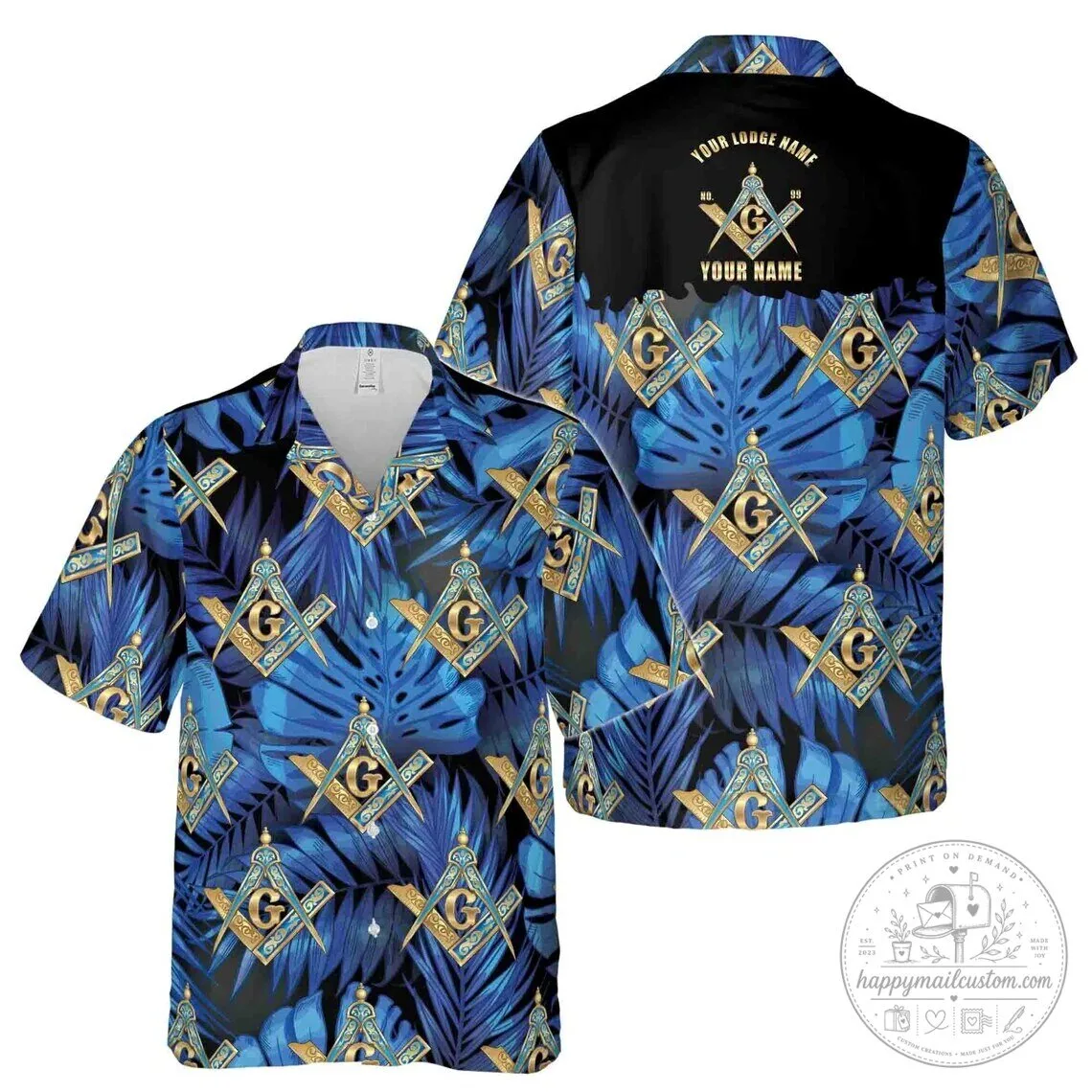 Masonic Square and Compasses Blue Tropical Pattern Hawaiian Shirt