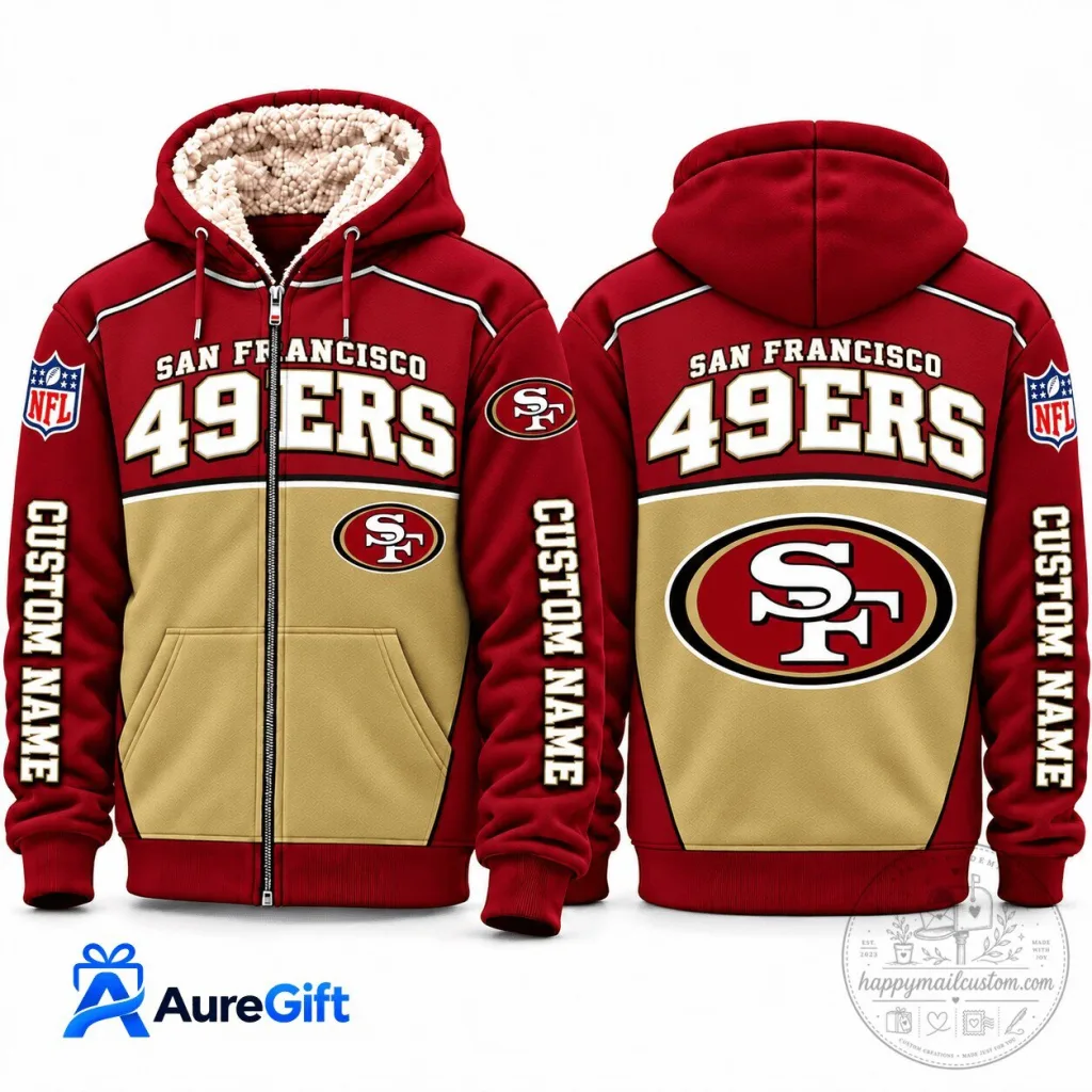 San Francisco 49ers NFL Custom Name Red Gold Sherpa Lined Full-Zip Hoodie San Francisco 49ers NFL Custom Name Red Gold Sherpa Lined Full-Zip Hoodie