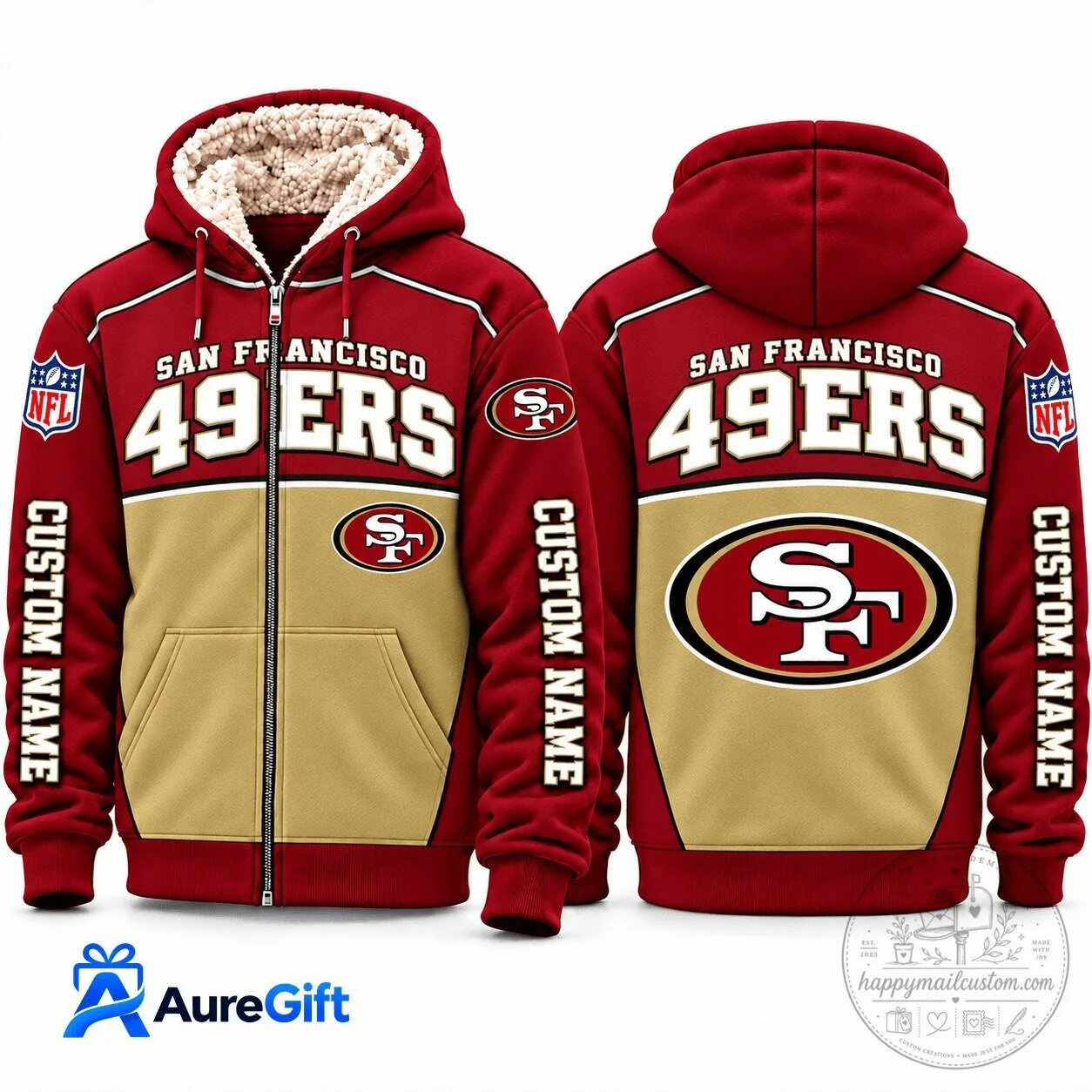 San Francisco 49ers NFL Custom Name Red Gold Sherpa Lined Full-Zip Hoodie 3 San Francisco 49ers NFL Custom Name Red Gold Sherpa Lined Full-Zip Hoodie